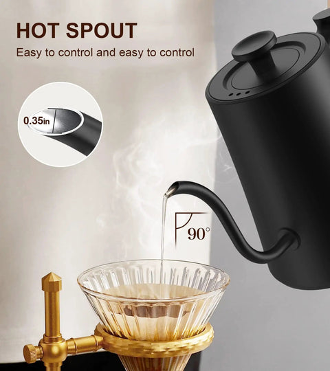 Gooseneck Electric Kettle With Precise Temperature Control And Keep Warm For Pour Over Coffee shown pouring into a coffee filter.
