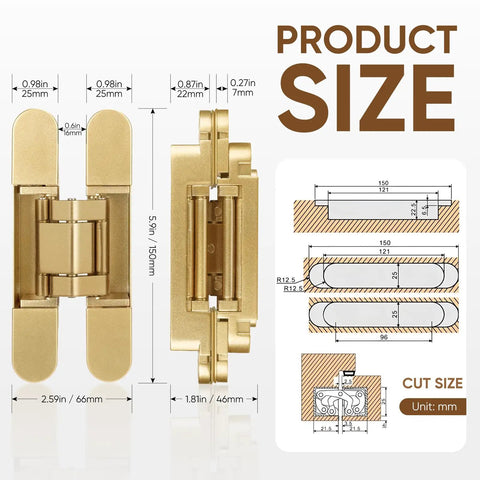 Heavy Duty Six Inch Hidden Door Hinges Two Pack Three Way Adjustable Invisible Concealed Hardware With Sleek Gold Finish size dimensions image.