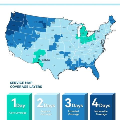Service map showing coverage layers across the US, highlighting El Paso, TX and Detroit, MI with response times of 1 to 4 days.