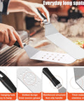 42 Piece Flat Top Griddle Accessories Kit With Extra Wide Burger Spatula in use, featuring stainless steel spatulas on grill.