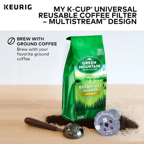 My K Cup Reusable Filter With MultiStream Technology For Ground Coffee with a scoop and Green Mountain coffee bag, gray filter