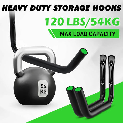 Tough As Nails Heavy Duty Kayak Storage Rack Double Pack Wall Mount Garage Hooks With Top Shelf Foam Wrapping, featuring hooks and kettlebell.