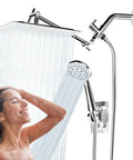 12 Inch High Pressure Rainfall Shower Head Handheld Combo Go-To Must-Have With 5 Settings in use with woman showering