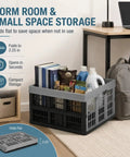 Hella Durable Folding Storage Crate 32L With Grip Handles And Reinforced Bottom Game Changer For Grocery Loads Car Trunk Organizing And Daily Essentials In Stone Gray filled with books and containers.