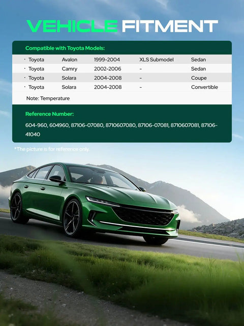Vehicle fitment chart for Toyota models detailing compatibility for Avalon, Camry, and Solara 1999-2008.