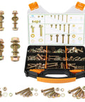568 Piece SAE Bolt and Nut Assortment Kit 1/4 5/16 3/8 1/2 Inch with various flange hex bolts and washers in organizer box.