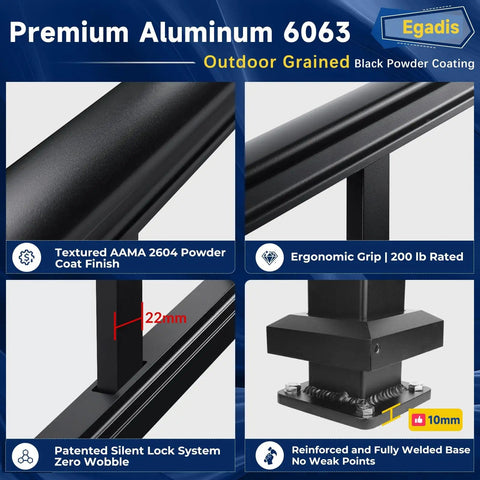Modular Aluminum Deck Railing Kit featuring Premium Aluminum 6063 and textured black powder coat finish.
