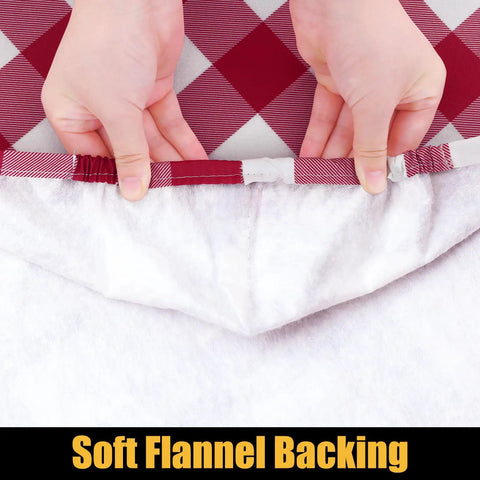 Showing flannel backing and elastic edge of Buffalo Plaid Elastic Waterproof Fitted Vinyl Tablecloth, burgundy and white 30 by 72.