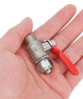 Heavy Duty Copper Quick Snap Ball Valve Two Pack With Rock Solid Handle Quarter Inch Male Thread Leakproof Water Pipe Shut Off Fitting Built Tough For Easy Plug And Play Fixes, shown in hand.