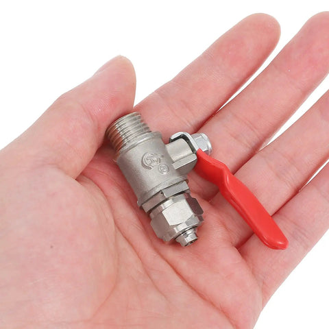 Heavy Duty Copper Quick Snap Ball Valve Two Pack With Rock Solid Handle Quarter Inch Male Thread Leakproof Water Pipe Shut Off Fitting Built Tough For Easy Plug And Play Fixes, shown in hand.
