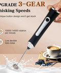 Rechargeable Milk Frother Handheld For Coffee With 3 Speeds 2 Heads And Stand Barista Grade Electric Milk Foam Wand next to coffee cup