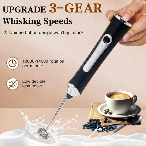 Rechargeable Milk Frother Handheld For Coffee With 3 Speeds 2 Heads And Stand Barista Grade Electric Milk Foam Wand next to coffee cup