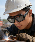 Auto Darkening Welding Safety Glasses PC Wraparound Sweet Clarity Hard To Beat At The Big Box Store worn by a welder in action.