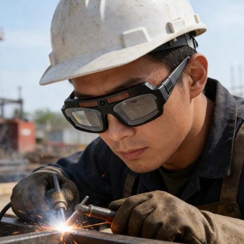 Auto Darkening Welding Safety Glasses PC Wraparound Sweet Clarity Hard To Beat At The Big Box Store worn by a welder in action.