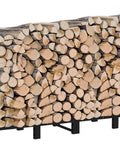 8ft Outdoor Firewood Rack With Heavy Duty Stand And Adjustable Length, Metal Lumber Carrier Organizer filled with logs.