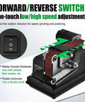 Forward/reverse switch of small bench belt sander with forward reverse rotation for rust removal and polishing, adjusting speed.