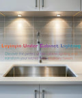 Kitchen display with RGBWW Under Cabinet Puck Light Kit with Daisy Chain Link illuminating sink area