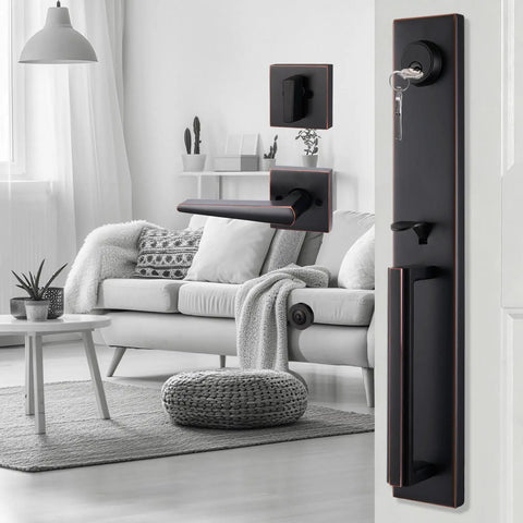 Oil Rubbed Bronze Front Door Handleset With Knob And Reversible Entrance Handle for Right Or Left Handed Doors Single Cylinder Deadbolt Movable Hole Position To Fit US Standard Doors Easy Install shown in modern living room set up