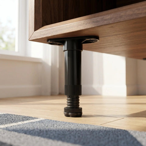 Close-up of plastic furniture leveling feet on cabinet from 4-Pack Adjustable Bed Frame Support Legs With Locking Buckles, Height Adjustable 5.9 to 9.4 Inches