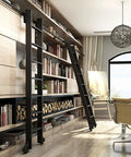Badass Slick Rolling Stair Slide Track Kit for Barn Doors Round Tube Hardware Set for Lofts and Libraries With Smooth 13 Foot Extension Rails and Tight Indoor Glide Setup in home with black sliding ladder.