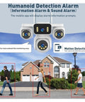Humanoid Detection Alarm with 4-Lens Wireless IP Camera 20MP Quad-Split View shows motion alerts outside a house.