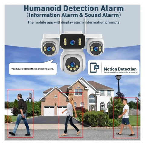 Humanoid Detection Alarm with 4-Lens Wireless IP Camera 20MP Quad-Split View shows motion alerts outside a house.