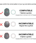 Image showing compatible and incompatible lug nut designs for Pro Shop Grade Replacement 7 Point Drive Tuner Wheel Lug Nut Socket Key.