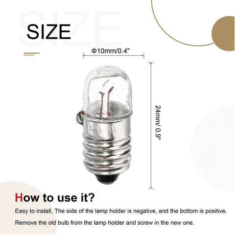 Top Tier E10 Screw Base Miniature Bulb 12V 5W with glass dome and metal screw, 24mm tall for flashlights or dashboard use.