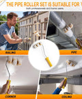 Pipe Paint Roller Two Pack With Premium Microfiber Sleeves Built For Curved Pipes Chain Link Fences And Metal Railing Boasts Extension Thread Compatibility For Long Handles A No Sweat Home Improvement Staple That Delivers Hella Smooth Results Every Time in use on a railing, pipe, corner, and ceiling.
