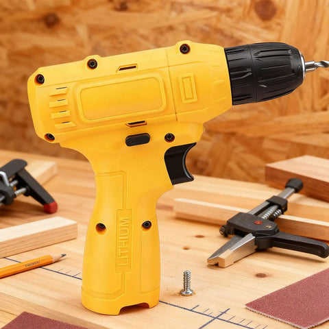 No Sweat Cordless Drill Set With Cushioned Anti Slip Handle and Bulletproof Performance on a workbench surrounded by tools.
