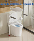 Toilet Safety Rails For Seniors Featuring Flip Up Arm Rests And Height Adjustable Rear Legs For Smooth Standing Help and Firm Bathroom Grip, installed beside toilet.