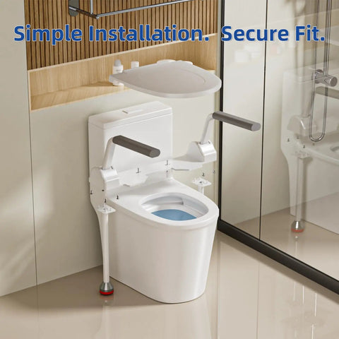 Toilet Safety Rails For Seniors Featuring Flip Up Arm Rests And Height Adjustable Rear Legs For Smooth Standing Help and Firm Bathroom Grip, installed beside toilet.