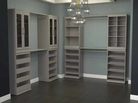 Total Game Changer Modular Closet Organizer With Four Adjustable Angled Shoe Shelves And Slick Taupe Finish For Seamless Stacked Storage Setup Hardware Included displayed in an organized closet setup.
