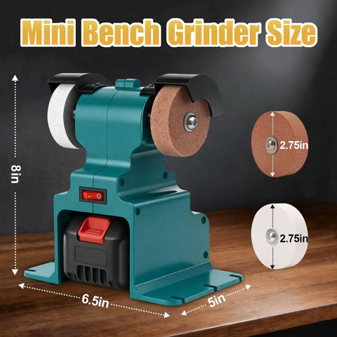 Hella Solid Mini Bench Grinder Featuring Dual Grind Wheels And A Heavy Duty Pure Copper Motor Spinning At 6000 Rpm with dimensions.