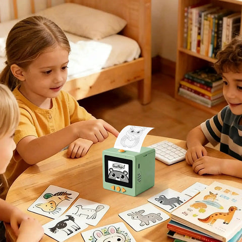 Portable AI Voice Sticker Printer With Bright HD Display, Ink Free Thermal Art Maker For Kids in use with children.