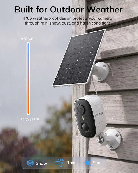 Rugged 2K Wireless Solar Security Camera For Outdoor Home Monitoring mounted on wall with solar panel, designed for all weather.