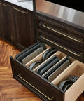 6 Pack Sweet Vintage Vibes Antique Brass Cabinet Bar Pulls in kitchen drawer with bakeware organized.