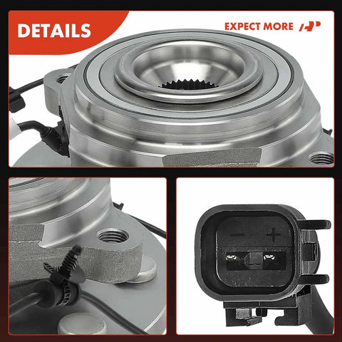 Close-up of 2 Piece Front Wheel Bearing and Hub Assembly with ABS Sensor for Dodge Ram 2500 3500, showing details and connectors.