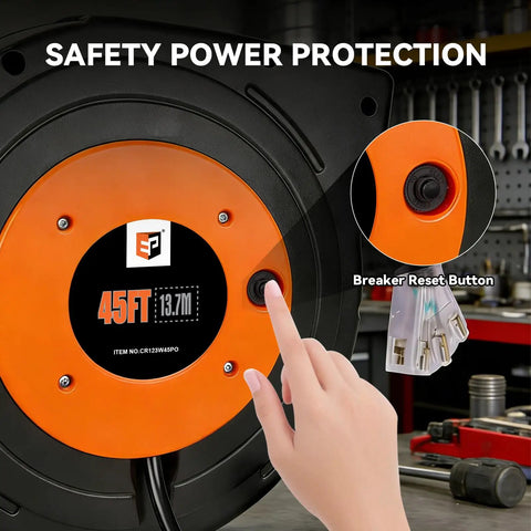 Close-up of Retractable Extension Cord Reel With 45 Ft Heavy Duty 12 AWG 3C SJTOW Cord showing breaker reset button.
