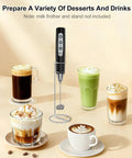 Handheld Rechargeable Milk Frother Whisk Rods Set with five cups of various frothed beverages on a cream table.
