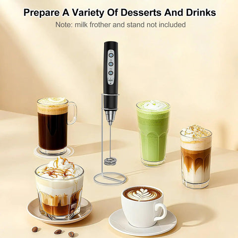 Handheld Rechargeable Milk Frother Whisk Rods Set with five cups of various frothed beverages on a cream table.