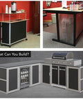 Image showcasing various aluminum extrusion setups, including a bar cart and kitchen build with storage options and grill.