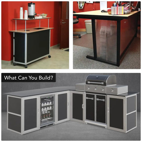 Image showcasing various aluminum extrusion setups, including a bar cart and kitchen build with storage options and grill.