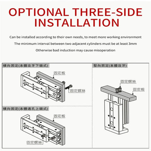 Diagram illustrating optional three-side installation for Heavy Duty Pneumatic Slide Cylinder With Straight Guide Track For Precision Motion Control And A Totally Badass Air Powered Linear Actuator That Delivers Pure Slick Smooth Performance Daily Right Now.