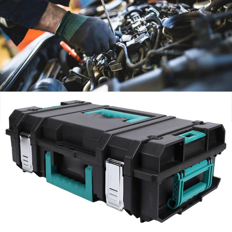Heavy Duty Stackable Toolbox With Metal Clip And Easy Grip Top Handle For Modular Workshop Rig and Clutter Free Job Site Storage and Professional Grade Tool Case Built For Daily Grind Hustle, shown beside a mechanic working.