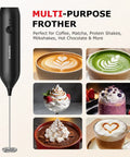 Rechargeable Handheld Milk Frother With USB C Charging, Cordless Electric Foam Maker And Stainless Steel Whisk shown with coffee and matcha.