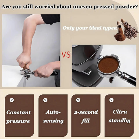 Comparison of manual vs. Badass Automatic Coffee Tamper Machine With Smart Metal Detection Auto Fill And Adjustable Pressure Settings For Completely Flawless Espresso Pours Daily.