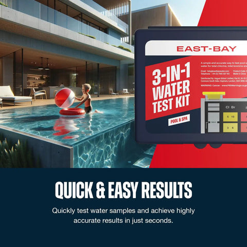 No Sweat Three Way Pool And Spa Water Testing Kit For Fast Chlorine Bromine PH Balance Smooth Home Maintenance For Freshwater And Saltwater Pools Swim Ready Care Made Simple displayed beside a child playing in a pool.