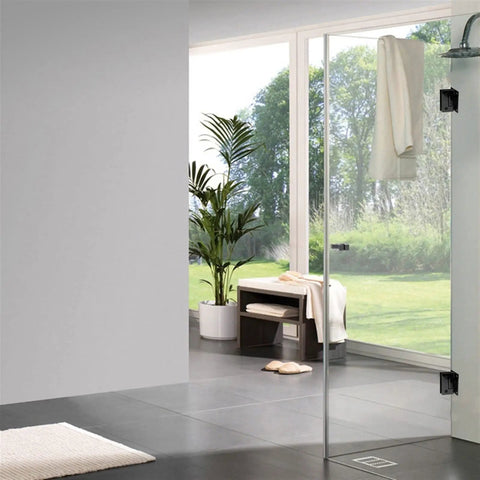 Rock Solid Matte Black Glass Door Hinges Heavy Duty 304 Stainless Steel 90 Degree Single Side Bathroom Glass Clamp Frameless Shower Hardware Fits 8 To 12 mm Thick Glass No Hassle Install with glass door in modern bathroom.