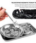 Magnetic Tray Set With Telescoping Magnet Pickup Tool 4 Piece Stainless Steel Round And Rectangular Trays for screws nuts bolts